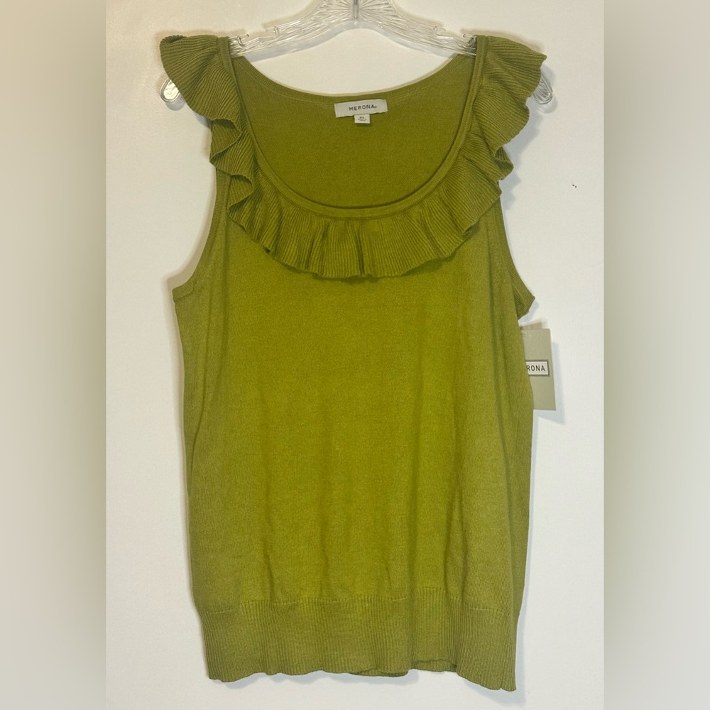 Merona Tank Top Women's Size XL Lime Green Ruffled Sleeveless Cotton Blend New